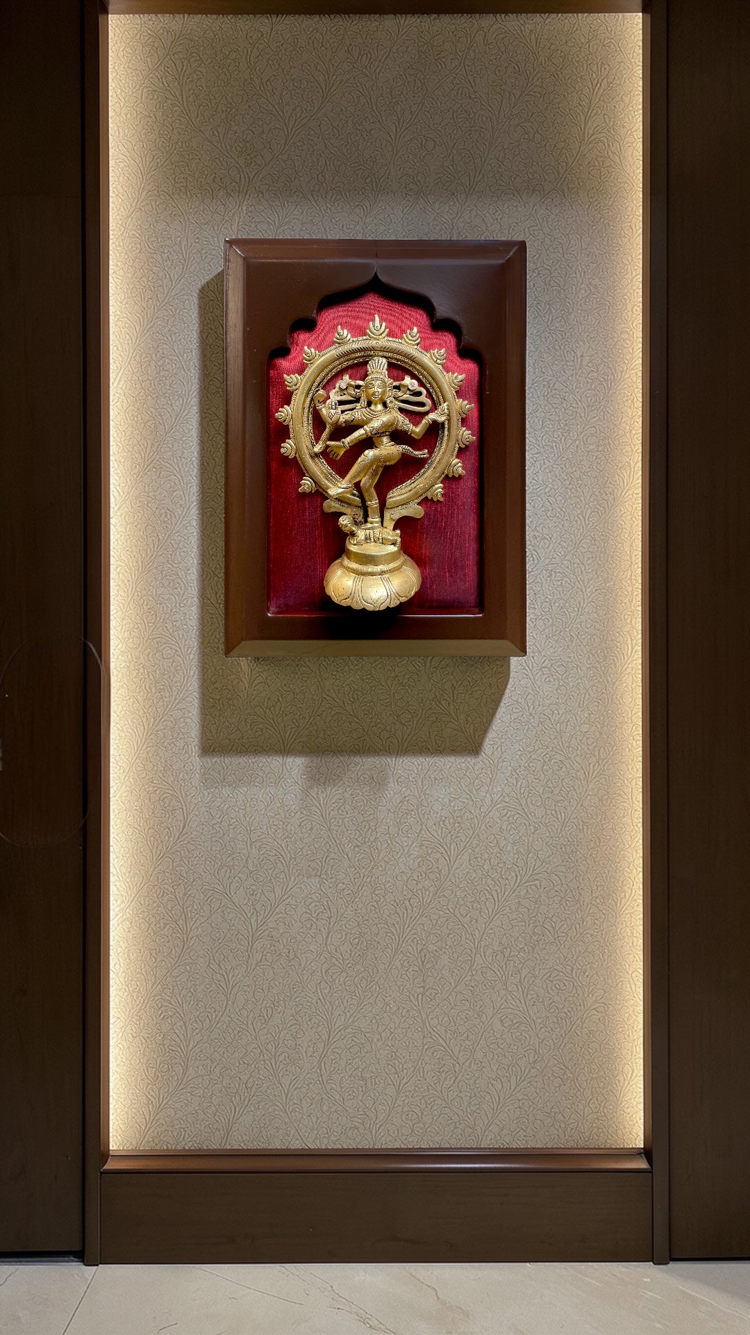 Brass Nataraja Statue with Red Silk Backdrop | Wooden Frame Wall Decor
