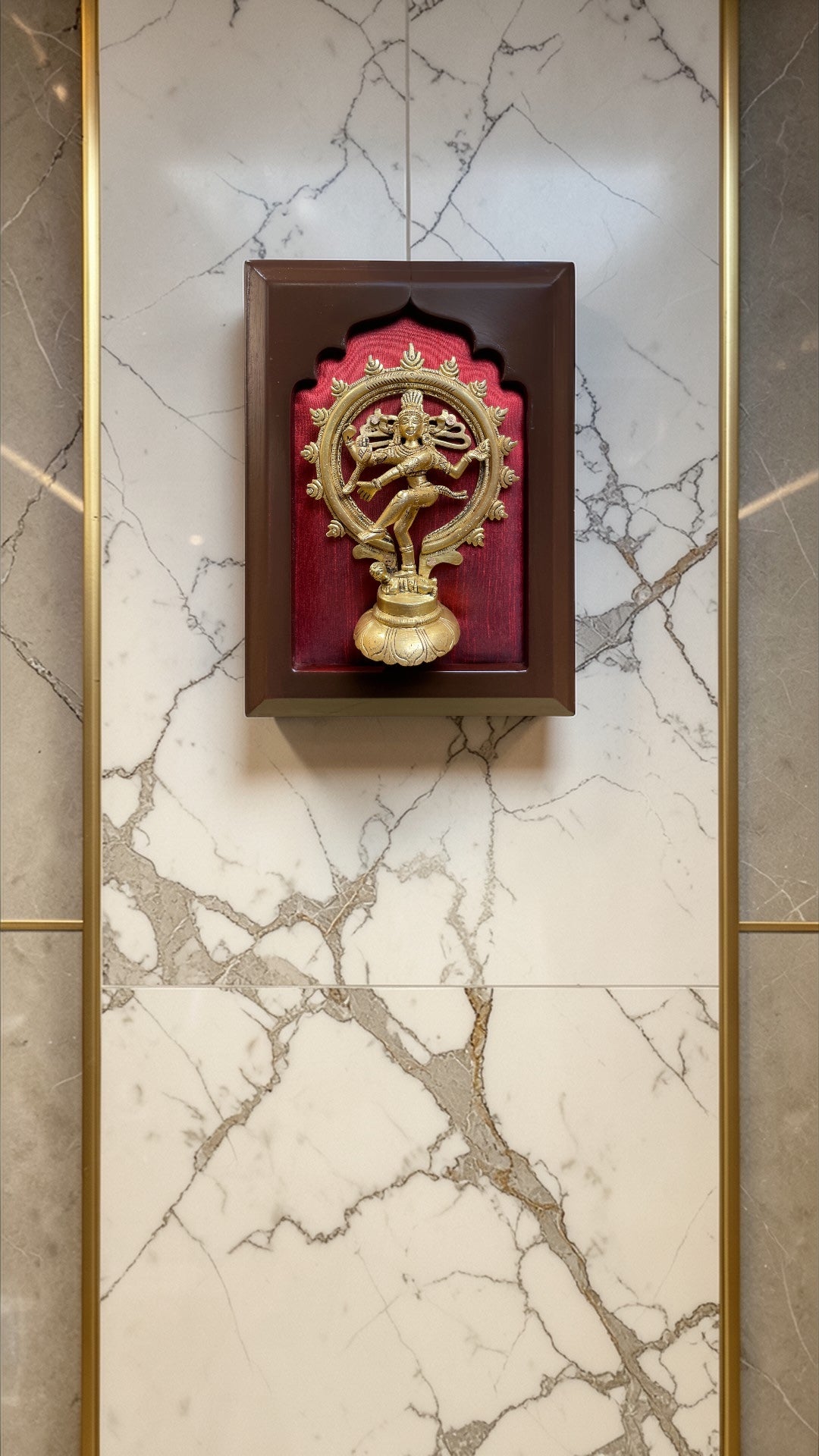Brass Nataraja Statue with Red Silk Backdrop | Wooden Frame Wall Decor