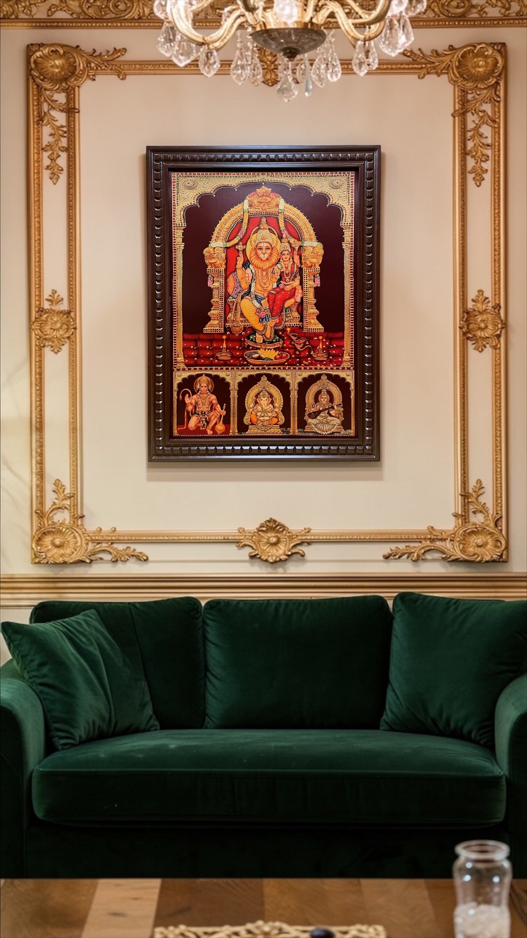 Lakshmi Narasimha Divine Wall Art | Ganesha Hanuman Saraswati Blessings Frame | Luxury Hindu Spiritual Decor