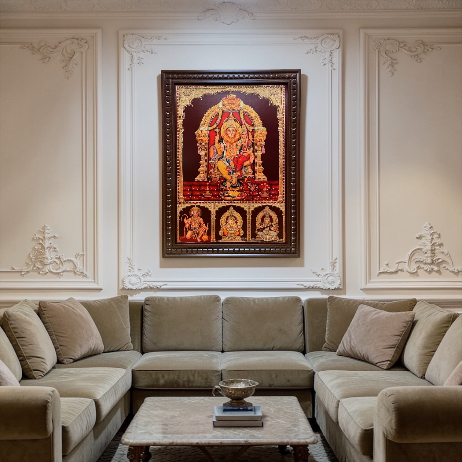 Lakshmi Narasimha Divine Wall Art | Ganesha Hanuman Saraswati Blessings Frame | Luxury Hindu Spiritual Decor