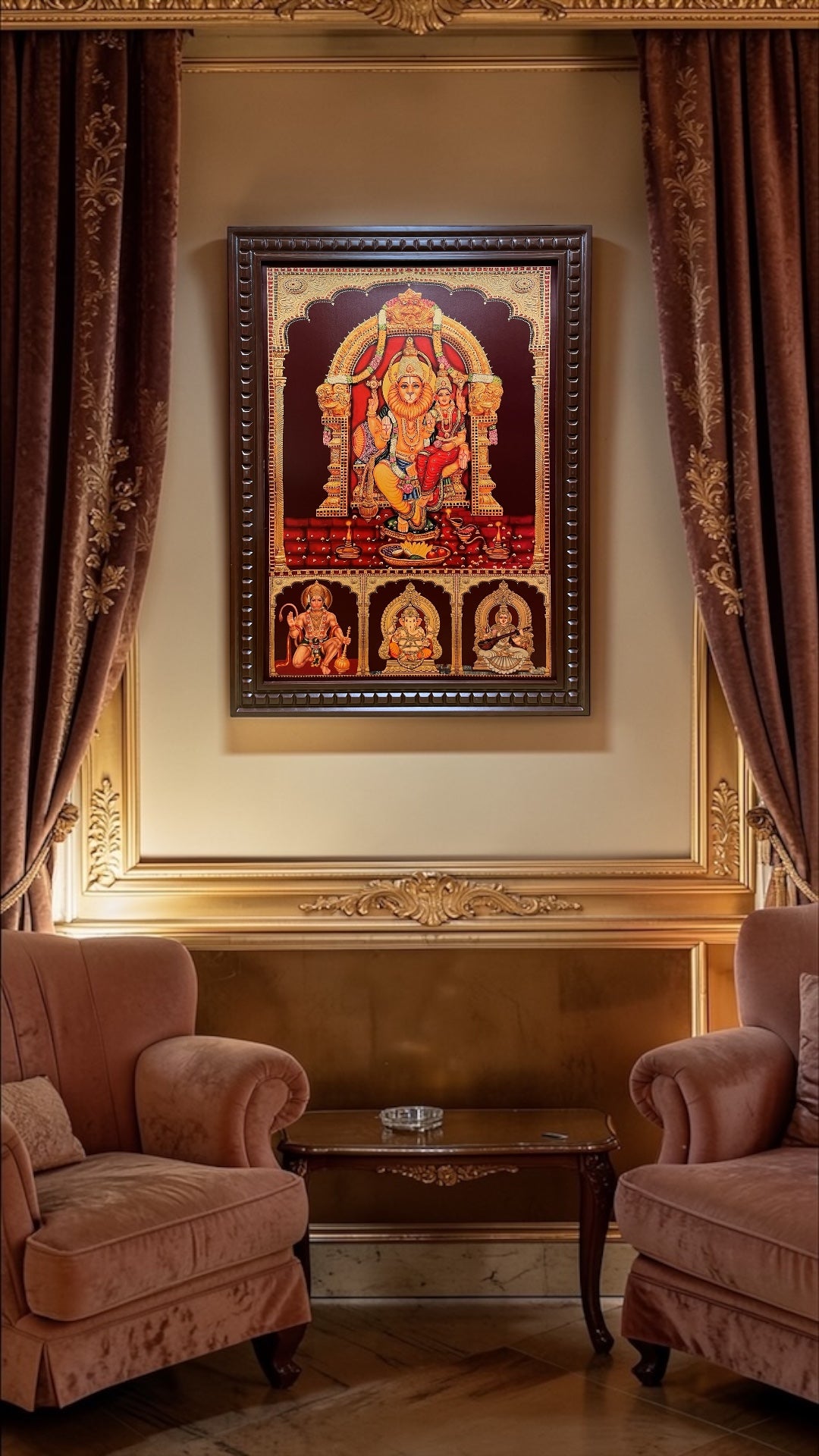 Lakshmi Narasimha Divine Wall Art | Ganesha Hanuman Saraswati Blessings Frame 4 in one| Luxury Hindu Spiritual Decor