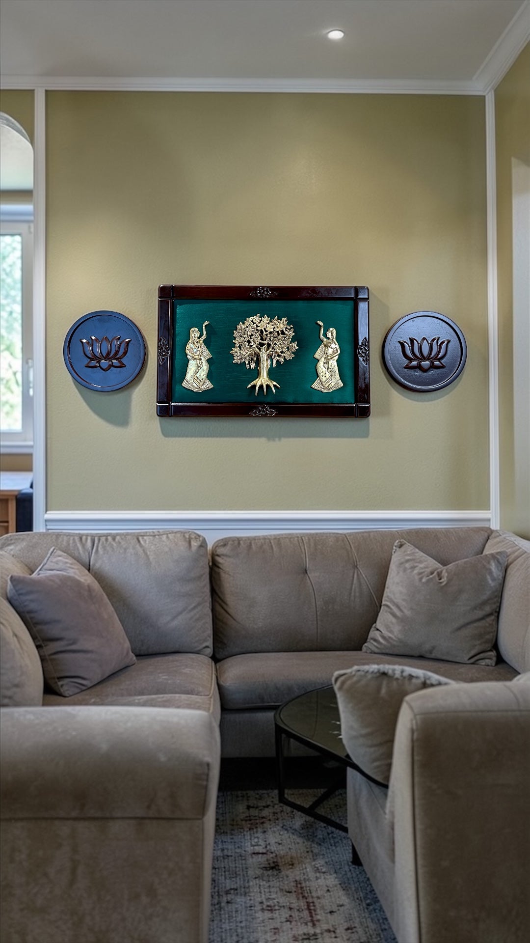 Brass Tree Wall Art with Green Silk Backdrop & Lotus Panels | Luxury Traditional Indian Wall Decor