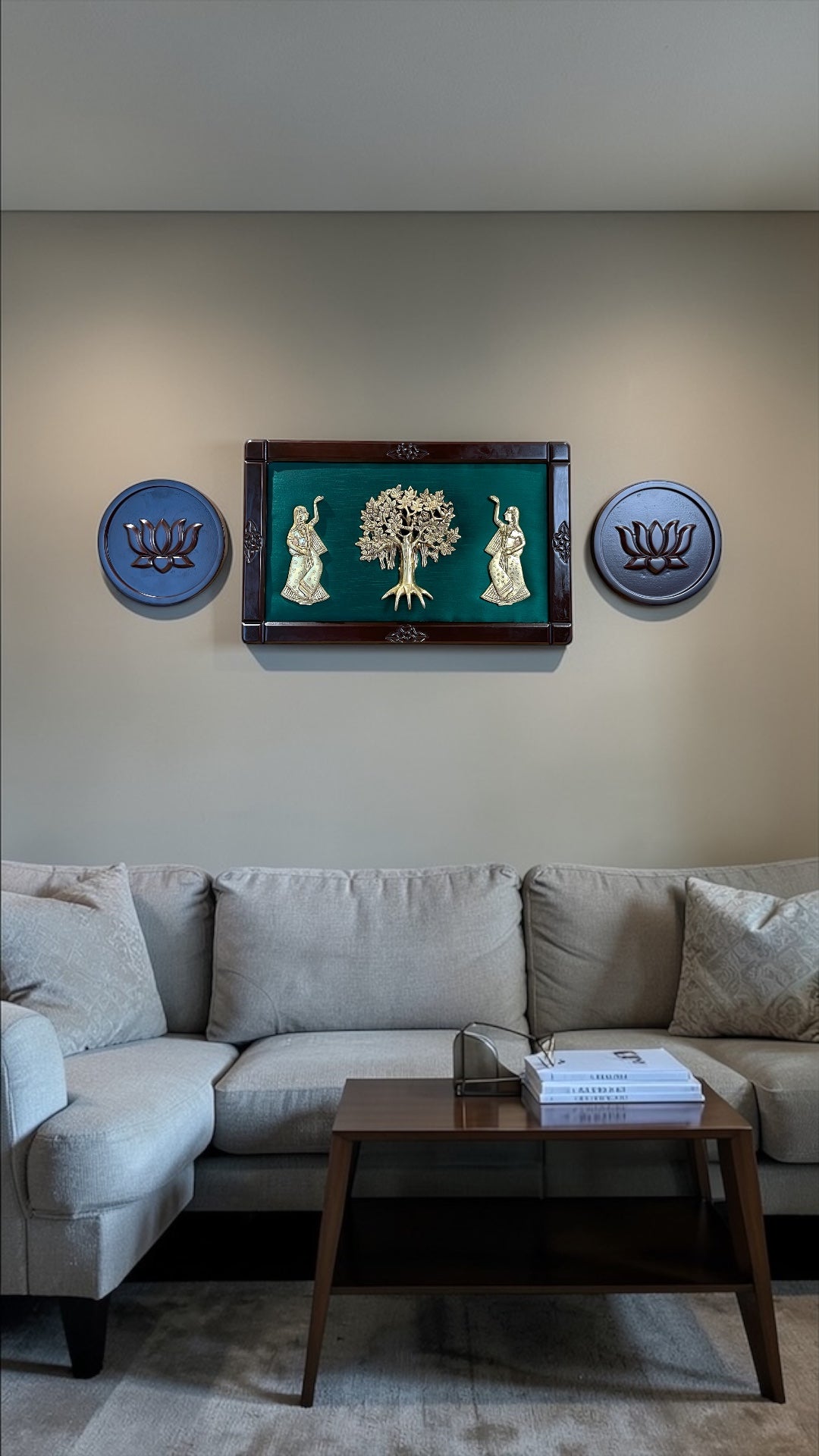 Brass Tree Wall Art with Green Silk Backdrop & Lotus Panels | Luxury Traditional Indian Wall Decor