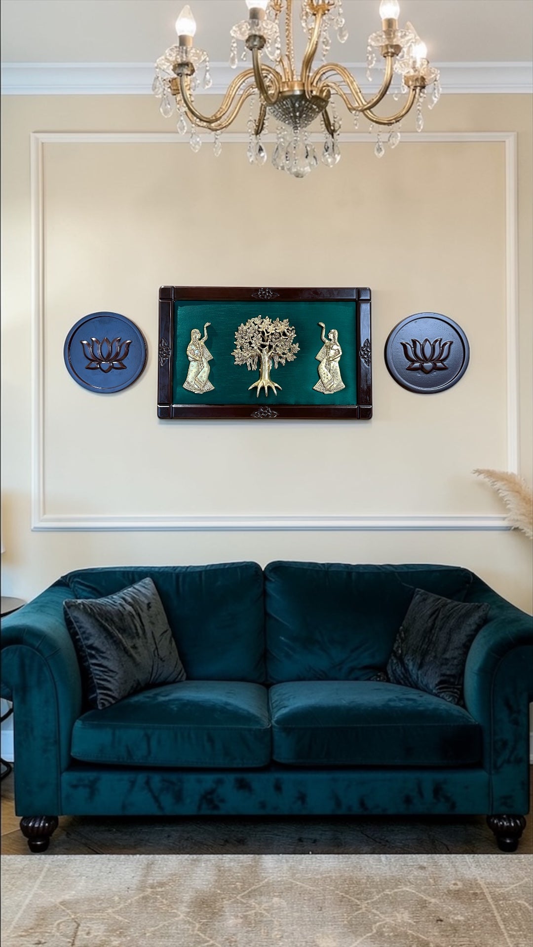 Brass Tree Wall Art with Green Silk Backdrop & Lotus Panels | Luxury Traditional Indian Wall Decor