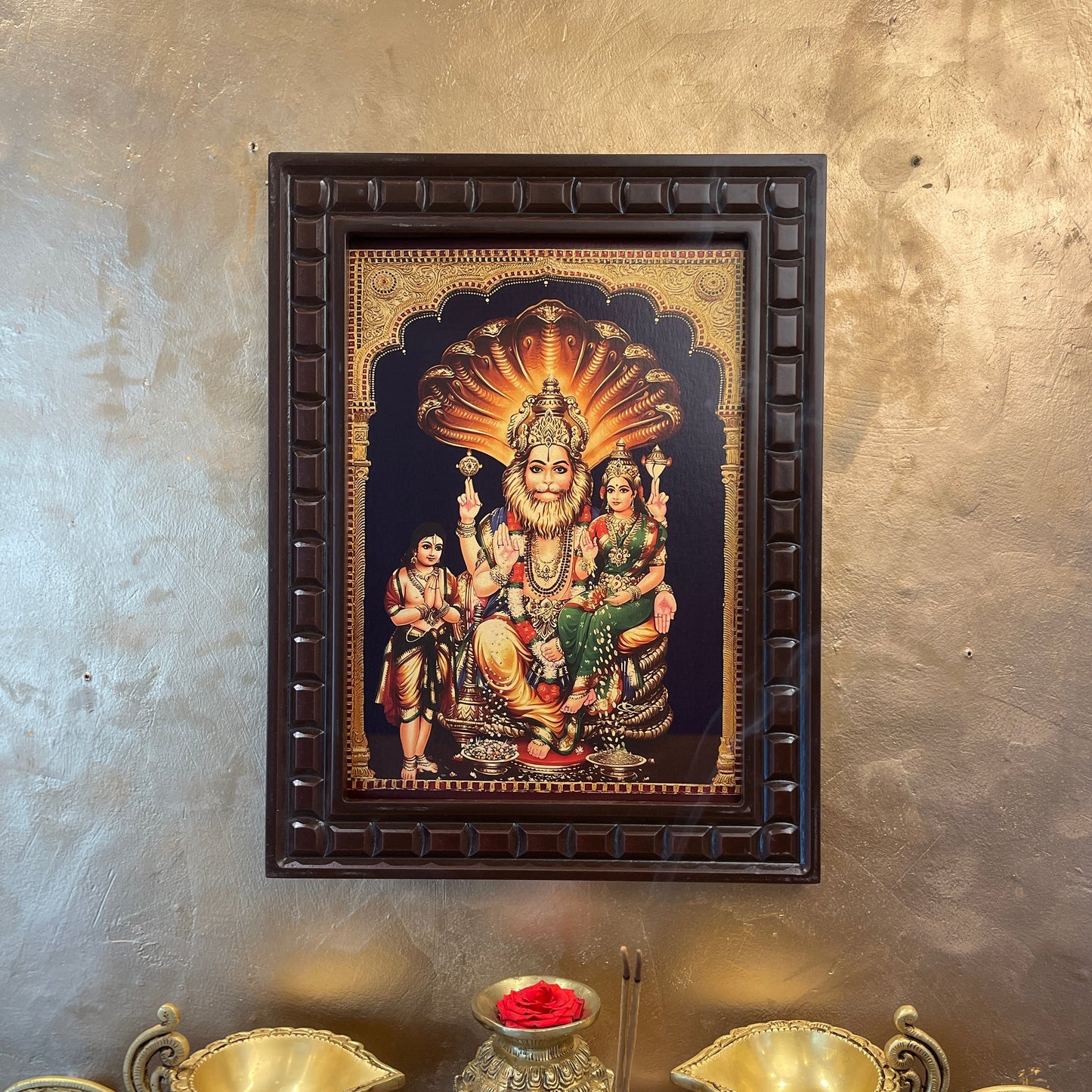 Lakshmi Narasimha Gold Leafed Artwork withWooden Frame