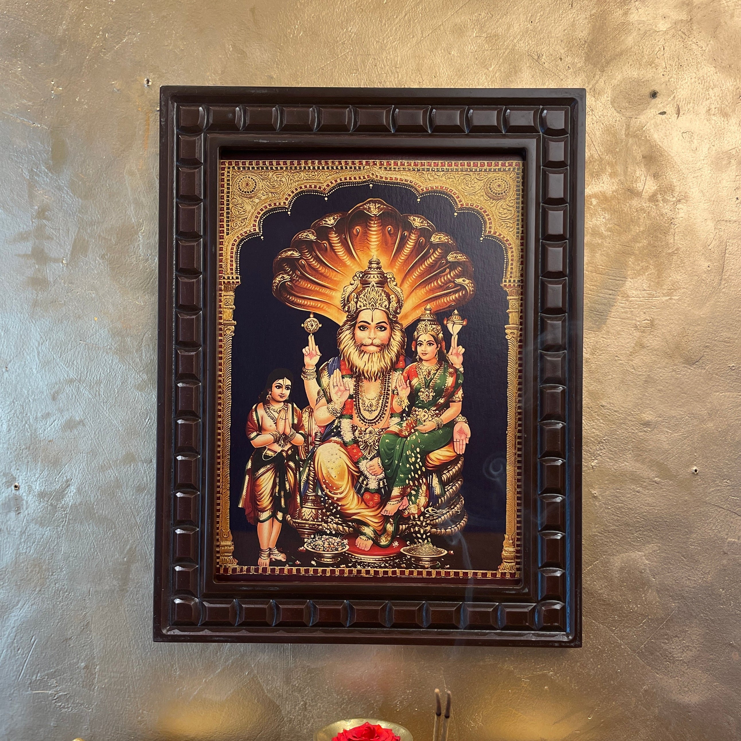 Lakshmi Narasimha Gold Leafed Artwork withWooden Frame