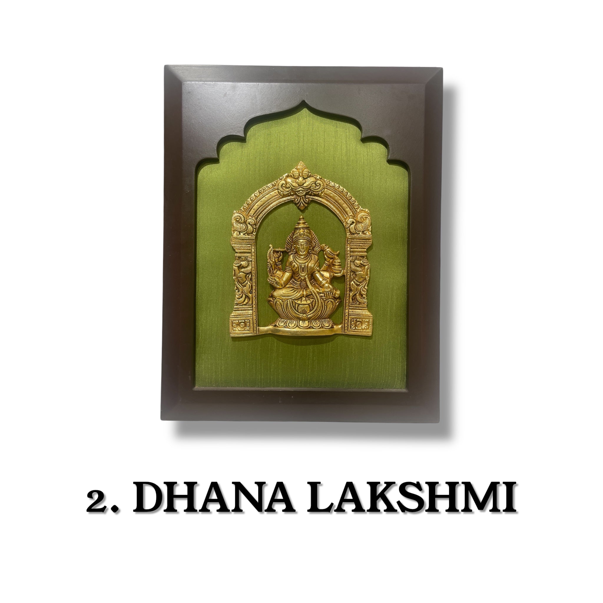 Astalakshmi Brass Set of 8 with Light Green Silk in Wooden Frame