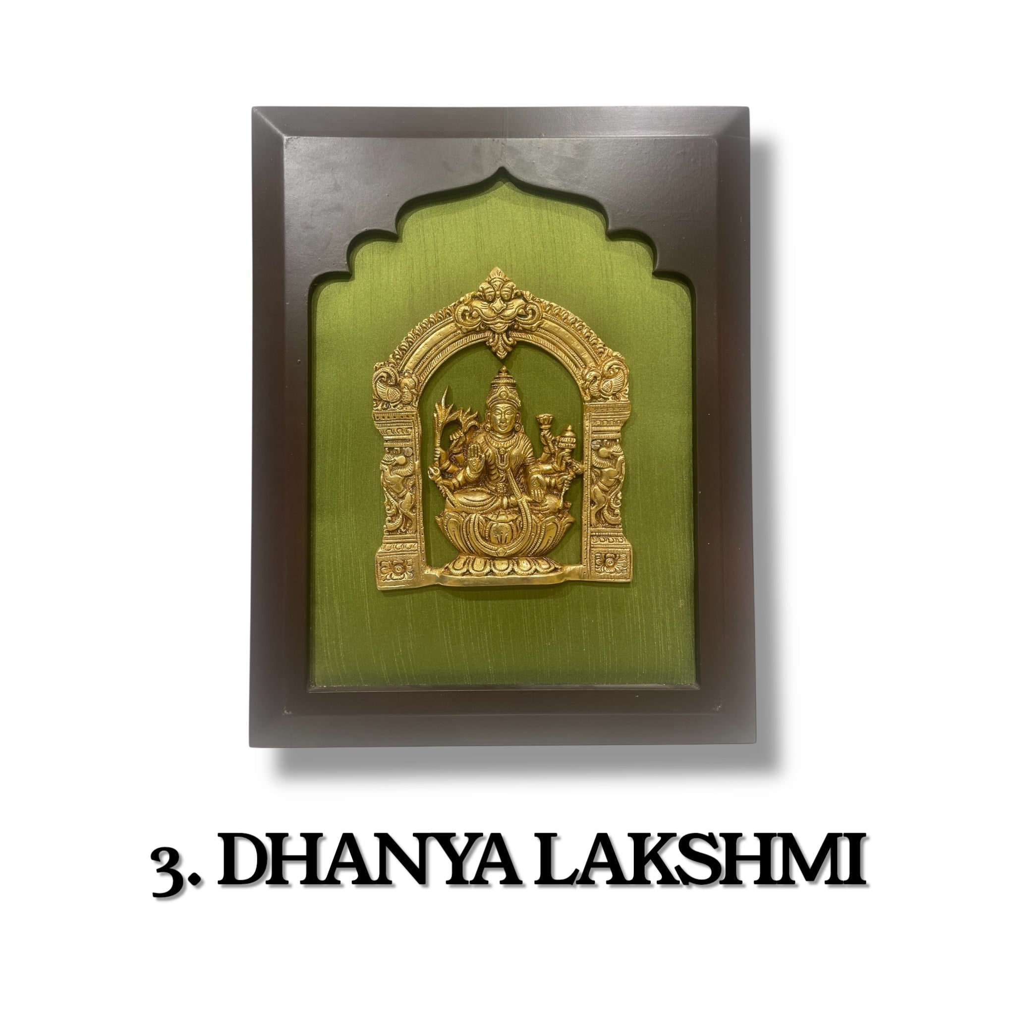 Astalakshmi Brass Set of 8 with Light Green Silk in Wooden Frame