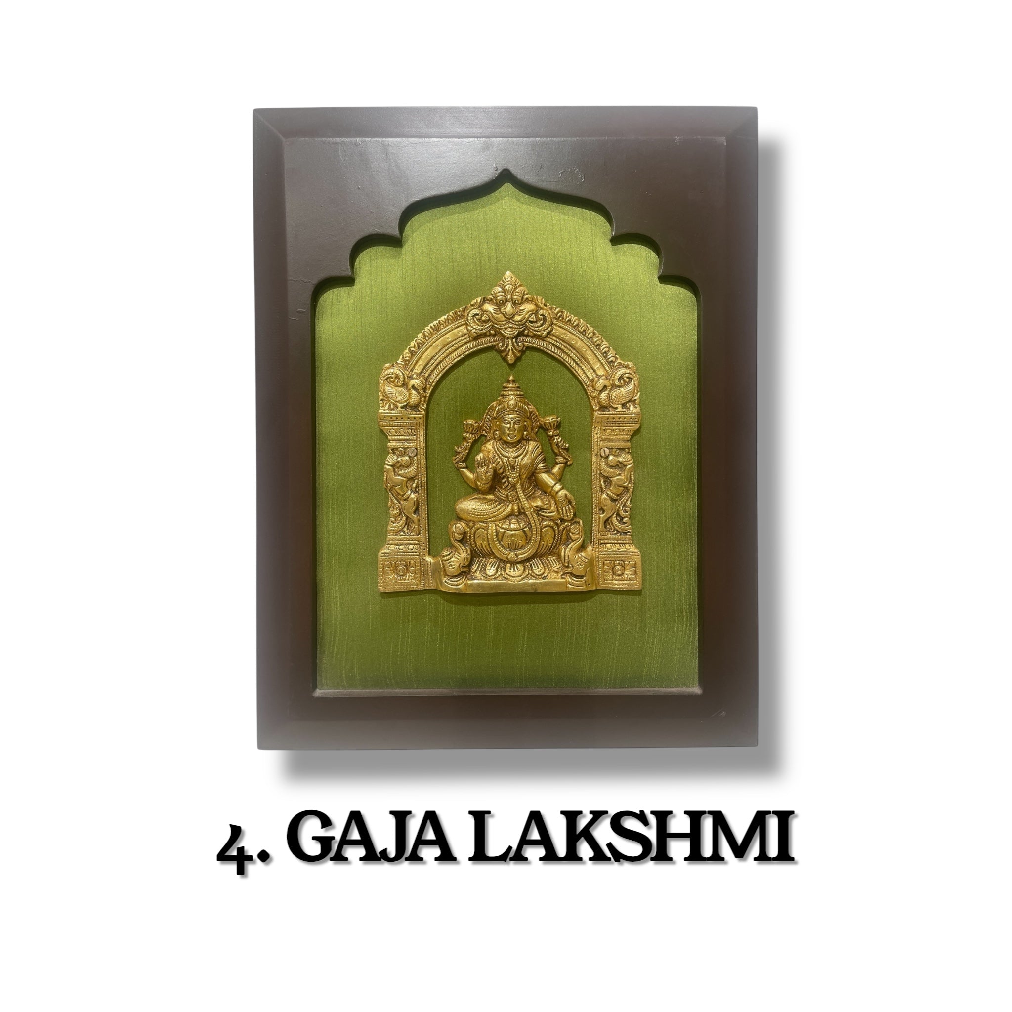 Astalakshmi Brass Set of 8 with Light Green Silk in Wooden Frame