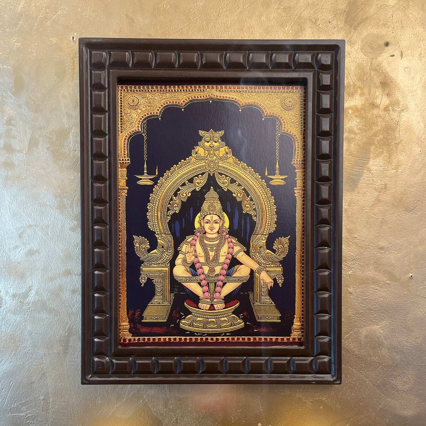 Ayyappa Swamy Gold Leafed Artwork with Wooden Frame