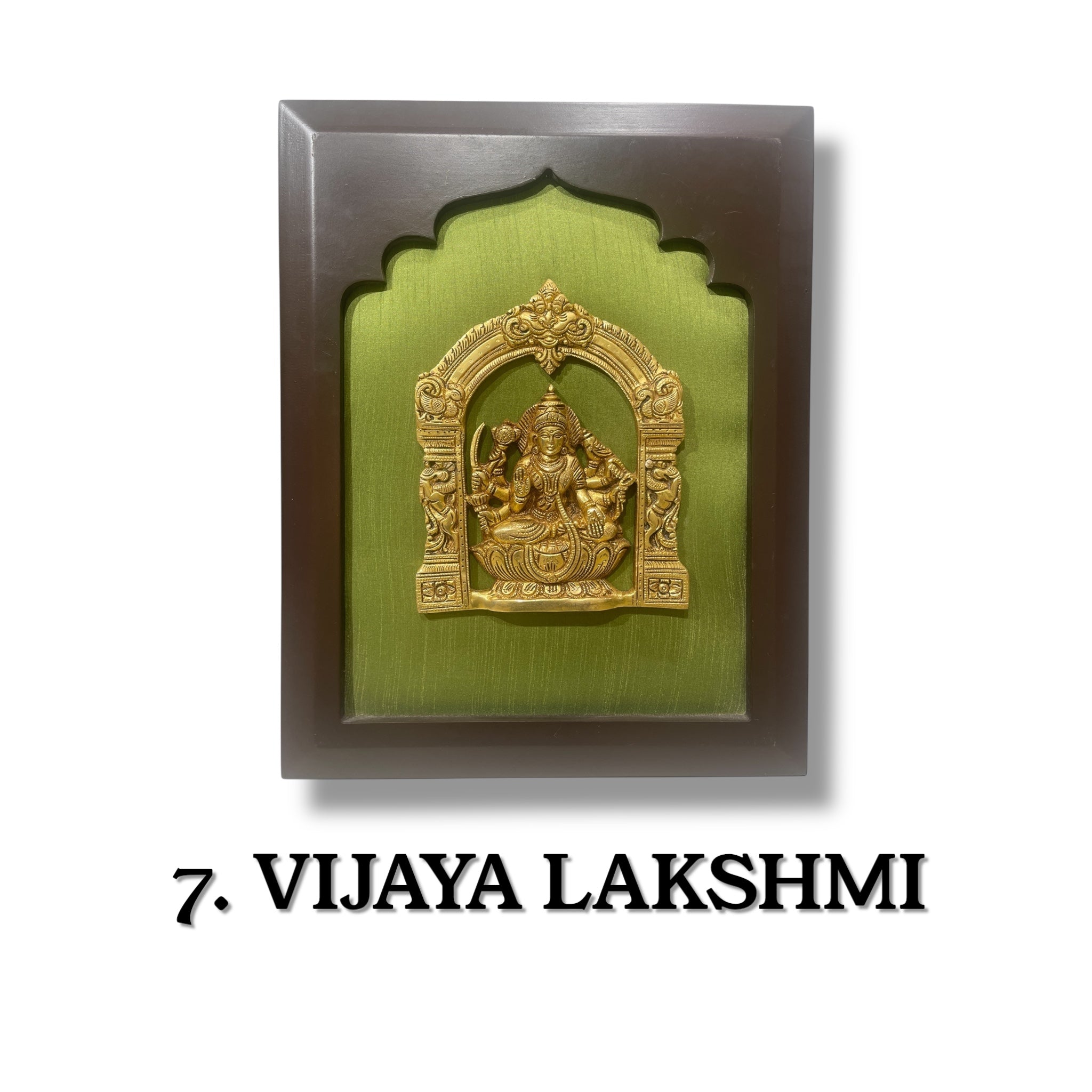 Astalakshmi Brass Set of 8 with Light Green Silk in Wooden Frame