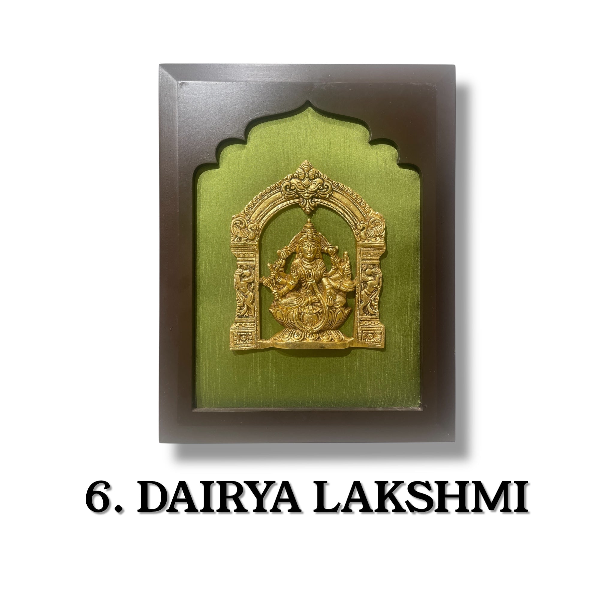 Astalakshmi Brass Set of 8 with Light Green Silk in Wooden Frame