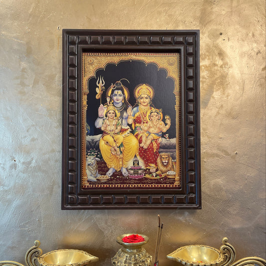 Shiva Parivar Gold Leafed Artwork with Wooden Frame