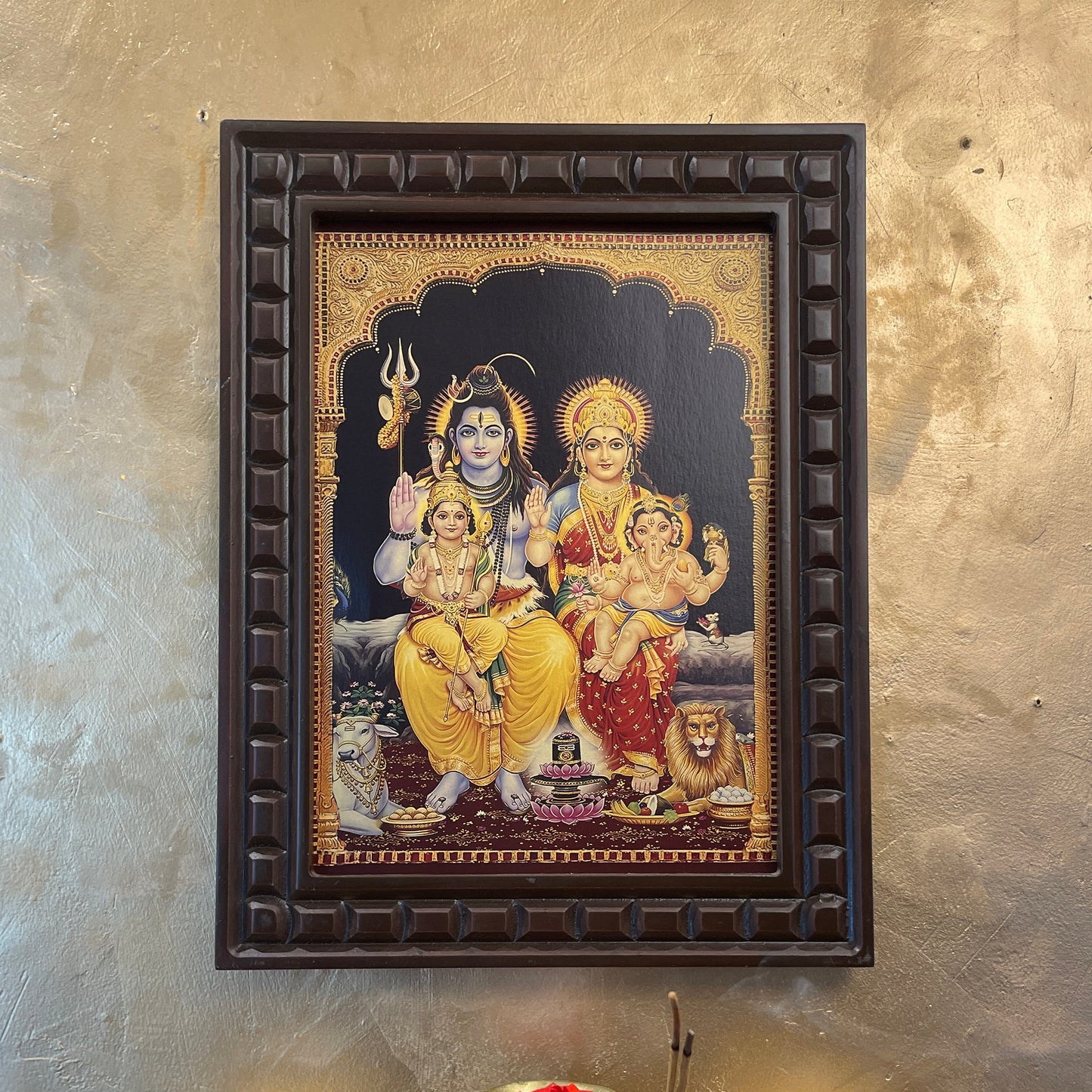 Shiva Parivar Gold Leafed Artwork with Wooden Frame