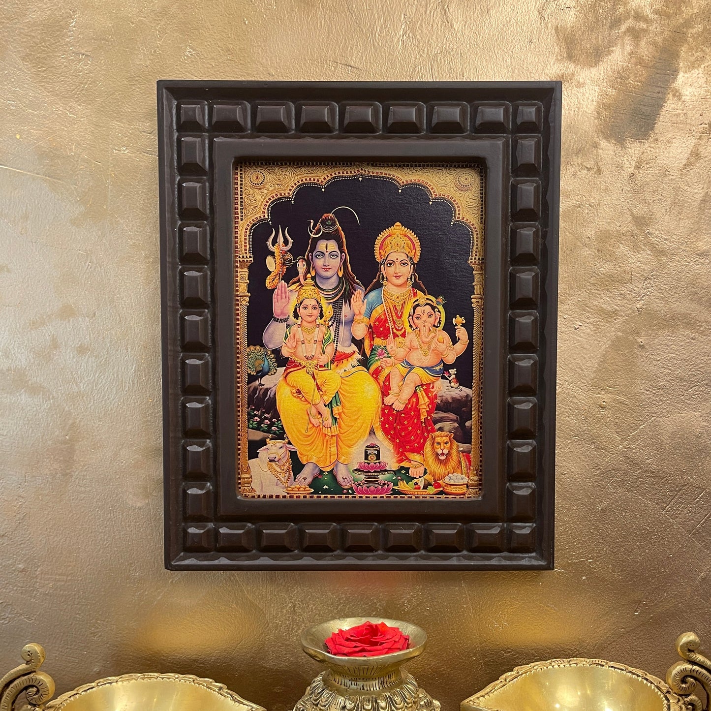 Shiva Parivar Gold Leafed Artwork with Wooden Frame