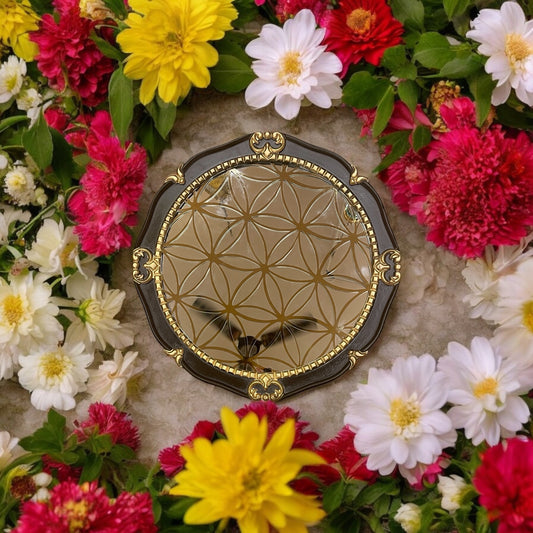 Flower of Life Wall Mirror – Sacred Geometry Design with Gold Etching & Ornate Brown Frame