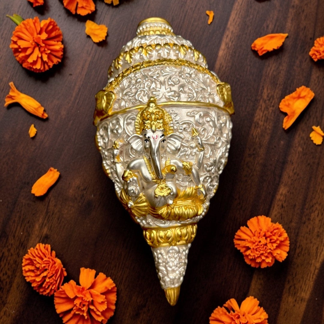 92.5 Sterling Silver Ganesh Shankh | Divine Ganpati Conch Wall Decor | Luxury Spiritual Home Decor