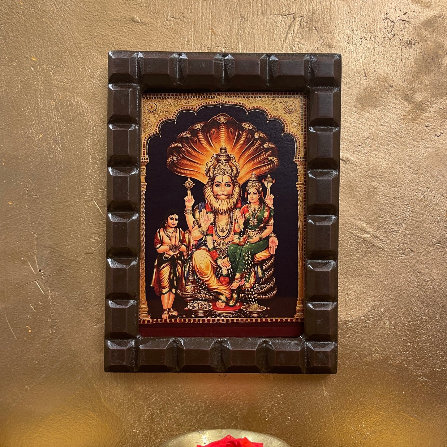 Lakshmi Narasimha Gold Leafed Artwork withWooden Frame