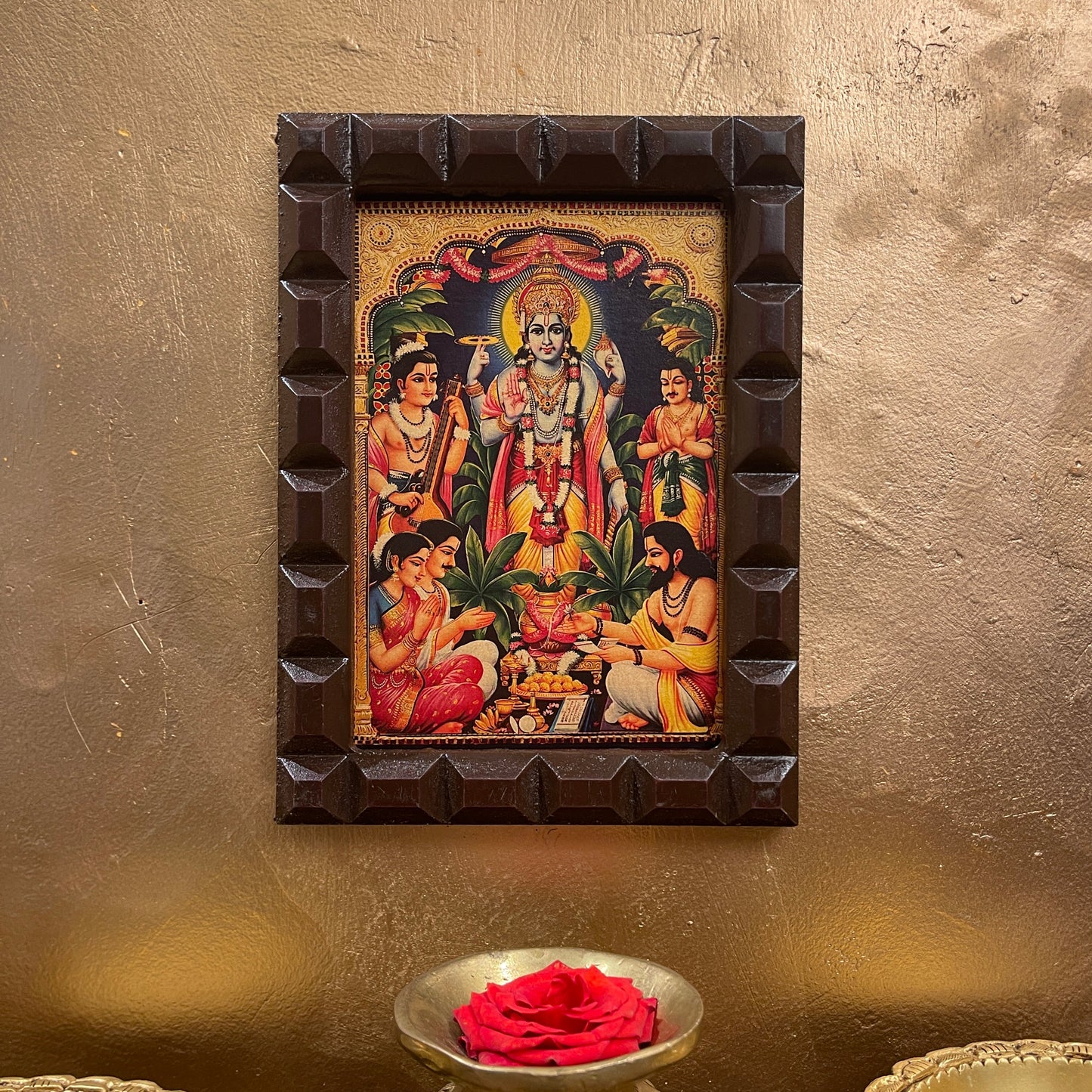 Satyanarayana Swamy- 3 Gold Leafed art with Wooden Frame