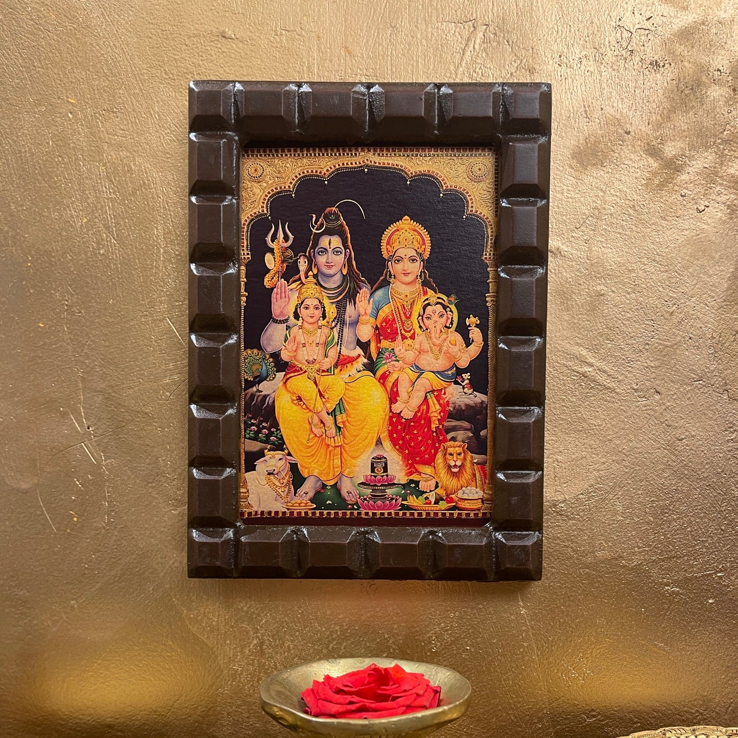 Shiva Parivar Gold Leafed Artwork with Wooden Frame