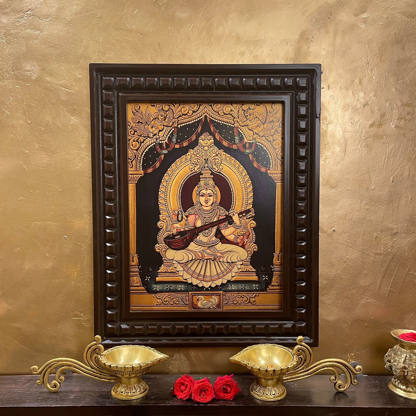 Goddess Saraswati Gold Leafed Art With Wooden Frame