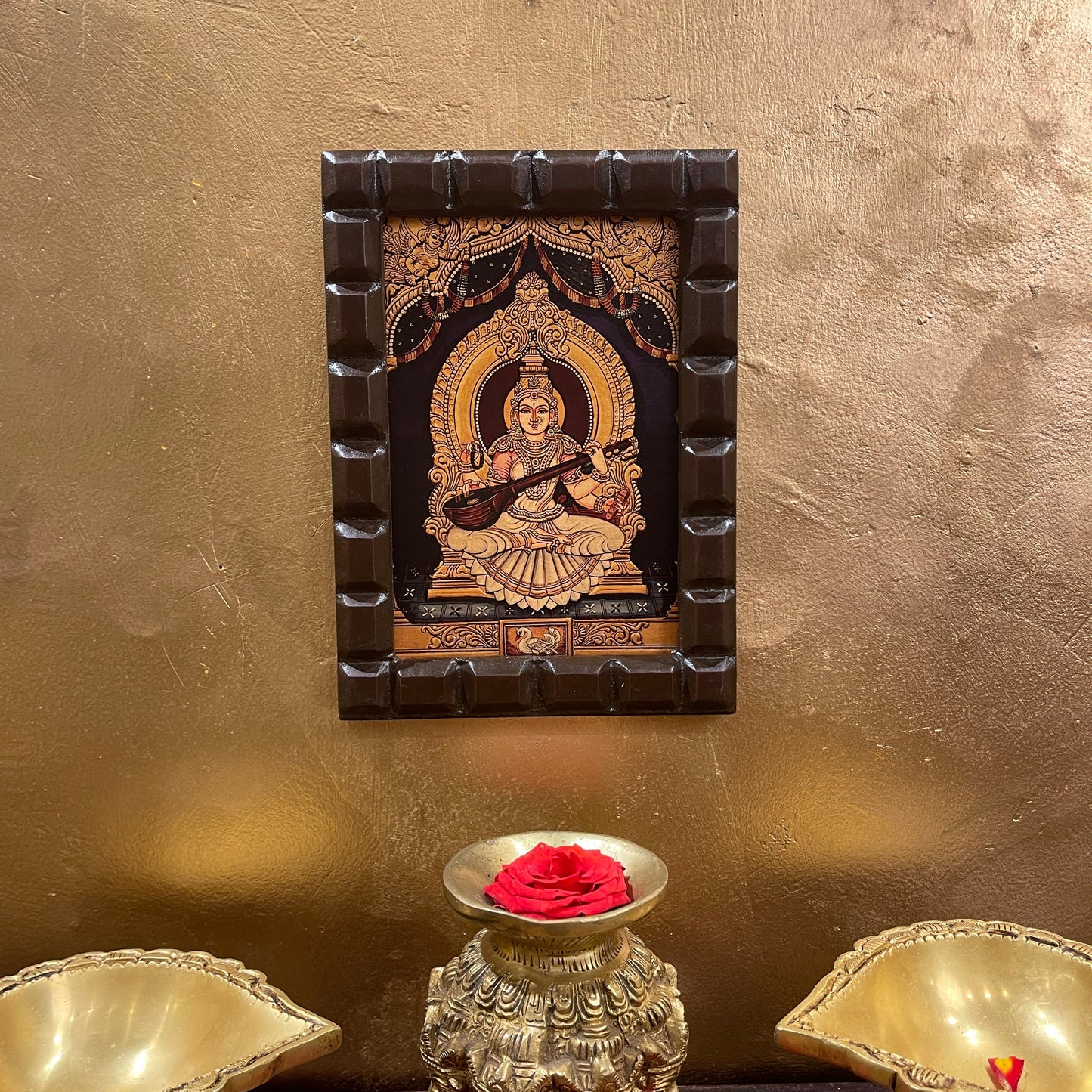 Goddess Saraswati Gold Leafed Art With Wooden Frame