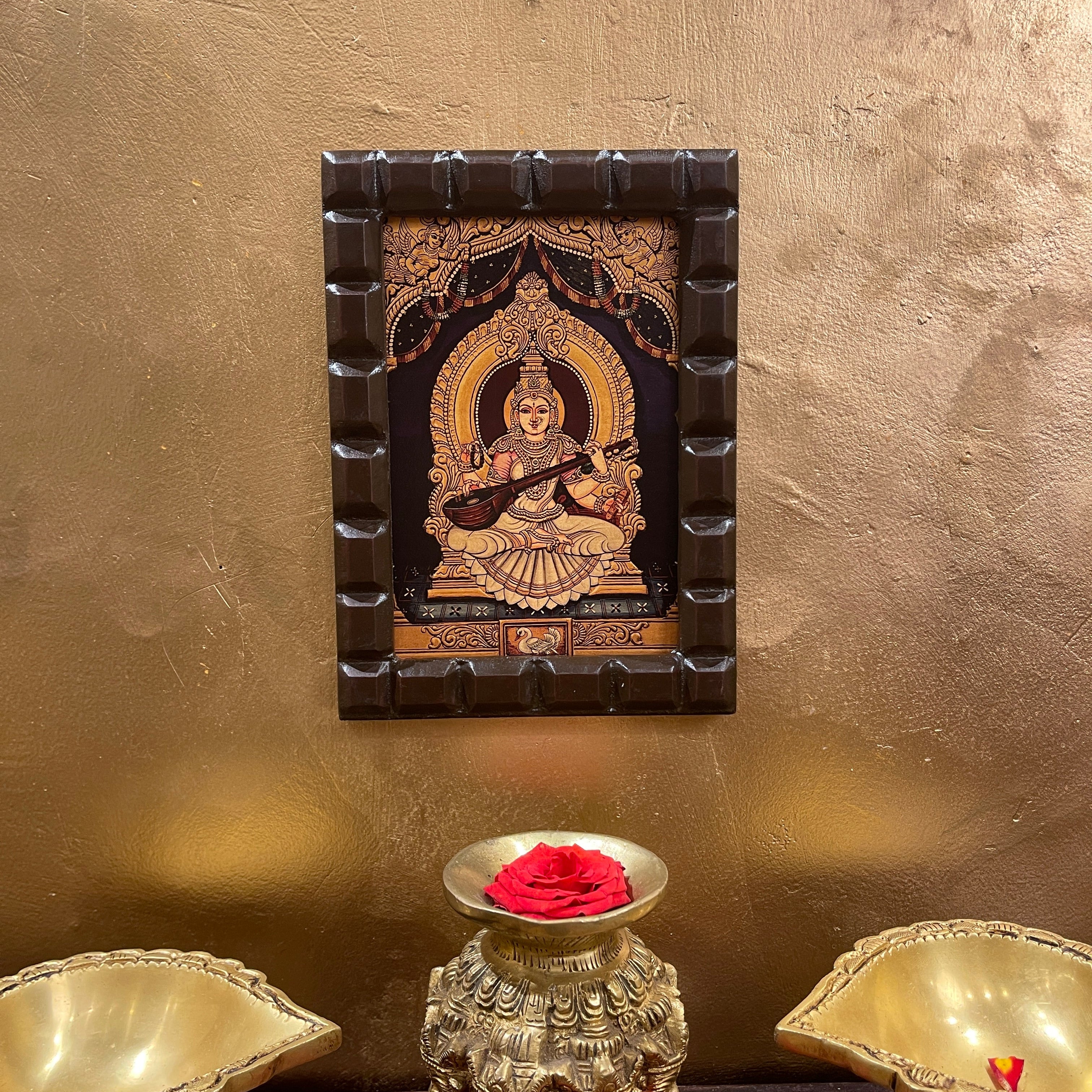 Goddess Saraswati Gold Leafed Art With Wooden Frame