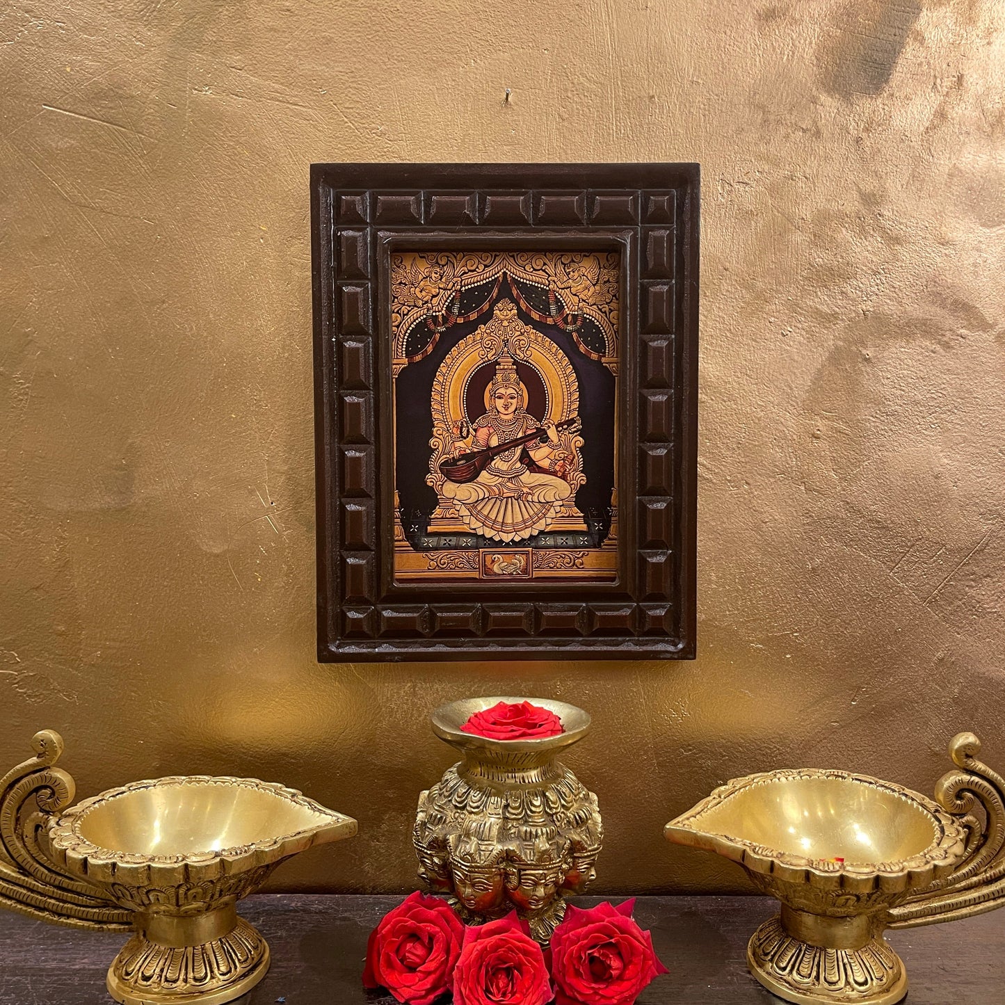 Goddess Saraswati Gold Leafed Art With Wooden Frame