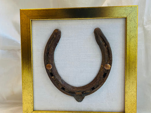 Good luck brass horse shoe with white silk background