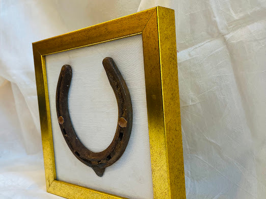 Good luck brass horse shoe with white silk background