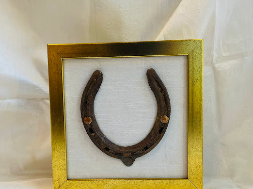 Good luck brass horse shoe with white silk background