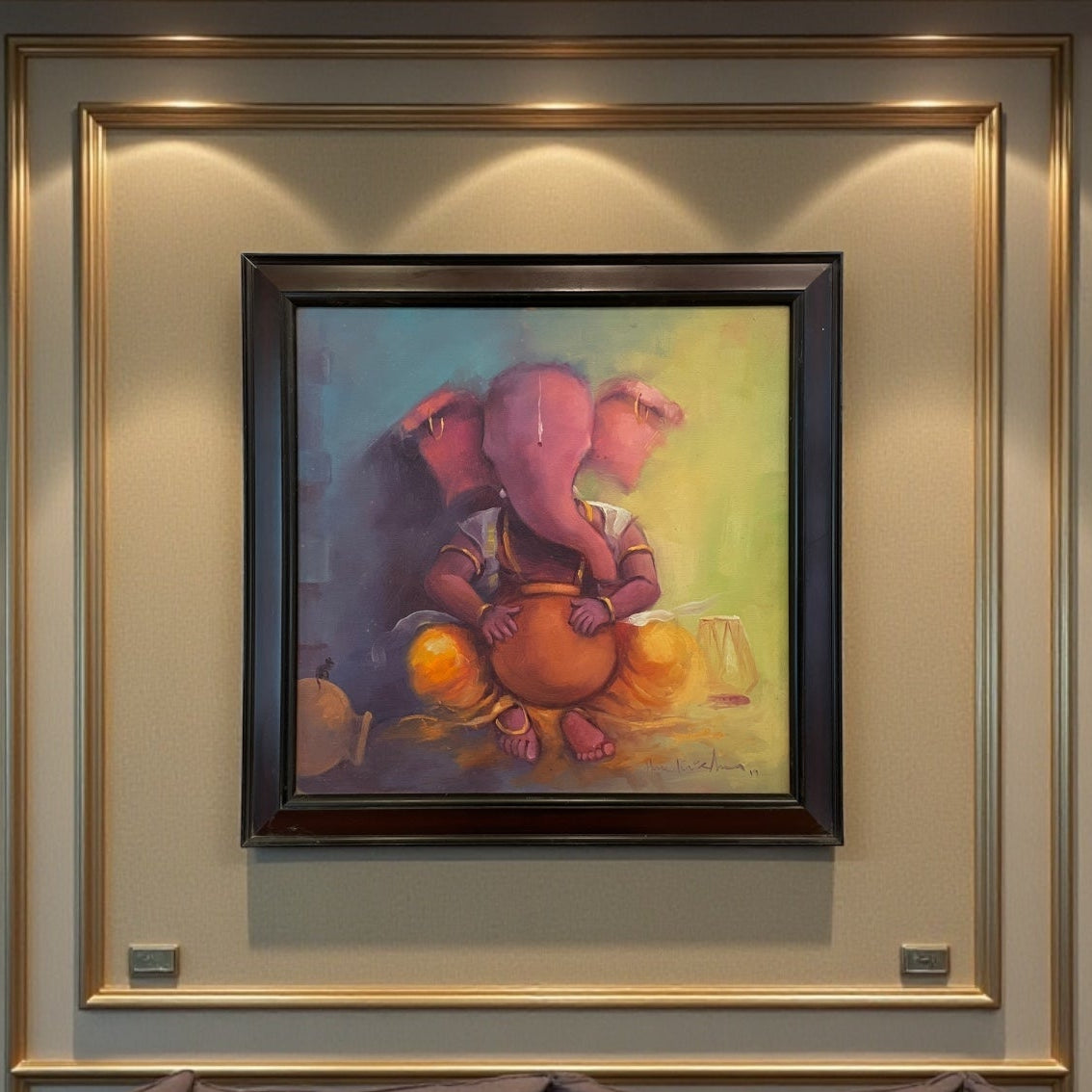 God Blessing Ganesha Acrylic Painting on Canvas - Without Frame