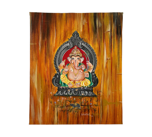 God Blessing Ganesha Acrylic Painting on Canvas - Without Frame