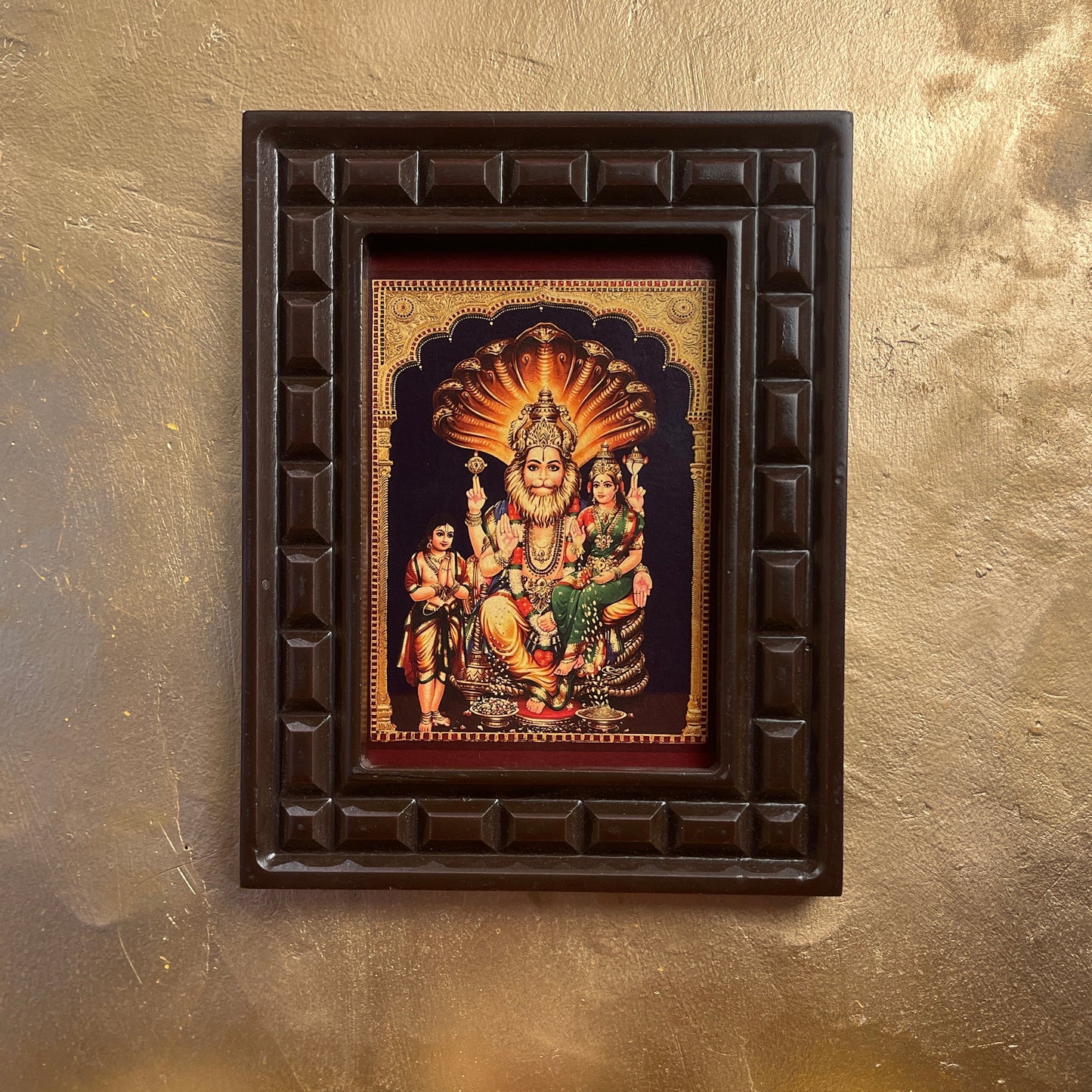 Lakshmi Narasimha Gold Leafed Artwork withWooden Frame