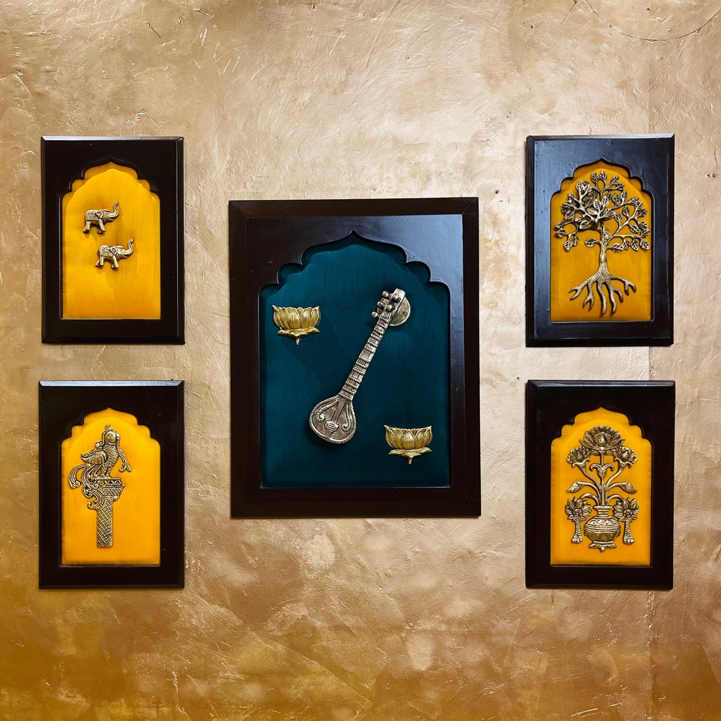 Brass Wall Art Set – Veena with Lotus, Elephant Pair, Kalpavriksha Tree, Parrot, and Floral Pot