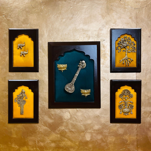 Brass Wall Art Set – Veena with Lotus, Elephant Pair, Kalpavriksha Tree, Parrot, and Floral Pot