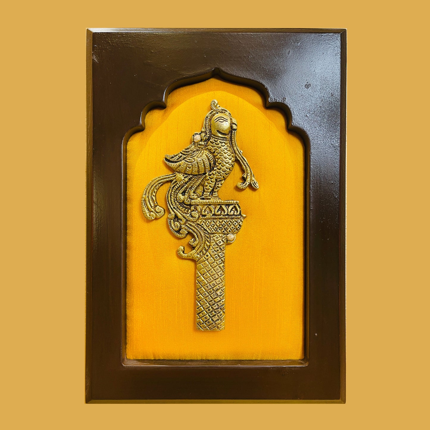 Brass Wall Art Set – Veena with Lotus, Elephant Pair, Kalpavriksha Tree, Parrot, and Floral Pot