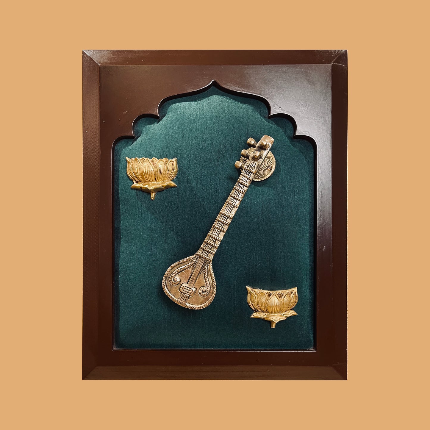 Brass Wall Art Set – Veena with Lotus, Elephant Pair, Kalpavriksha Tree, Parrot, and Floral Pot