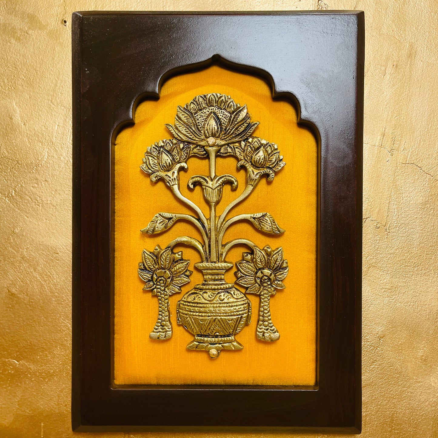 Brass Wall Art Set – Veena with Lotus, Elephant Pair, Kalpavriksha Tree, Parrot, and Floral Pot