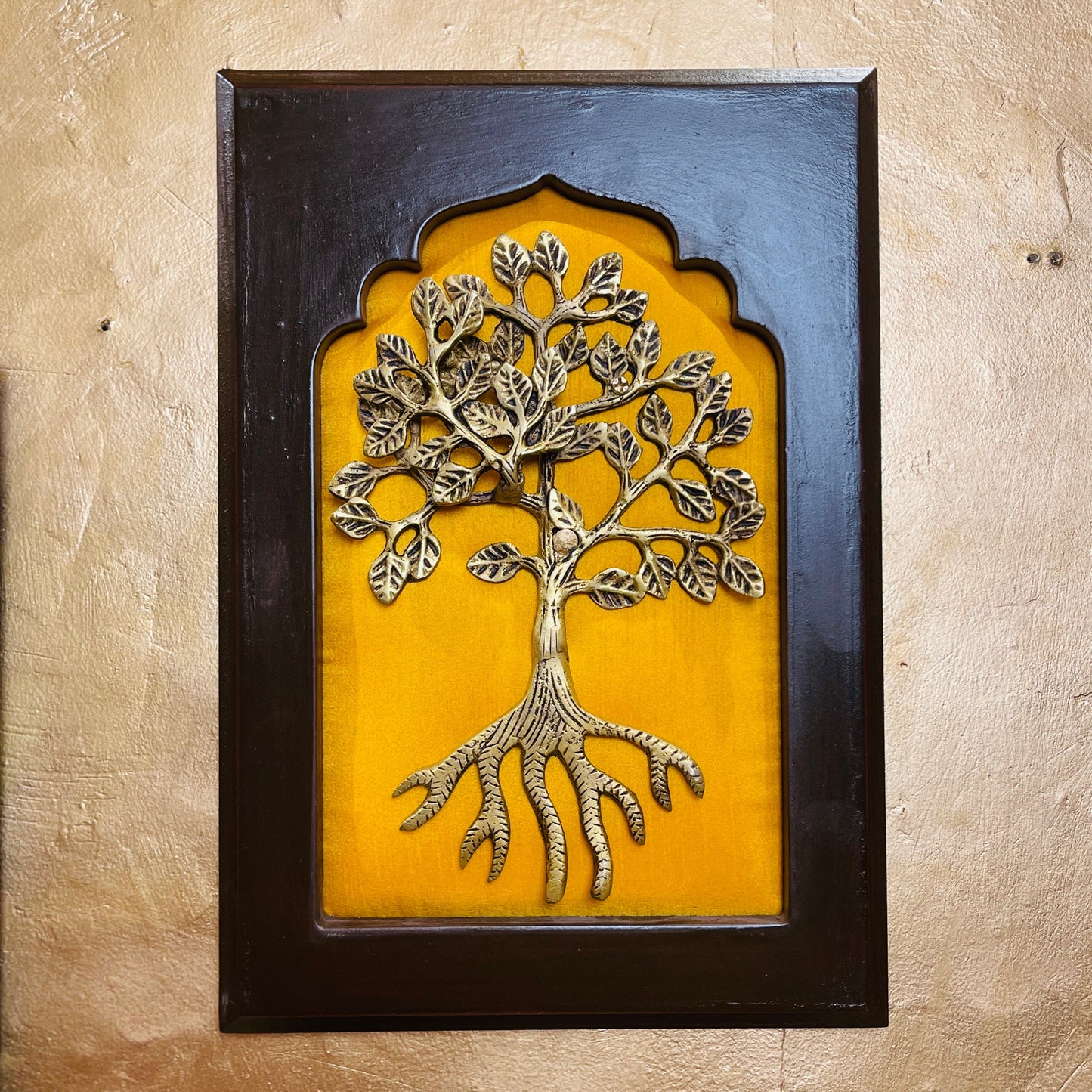 Brass Wall Art Set – Veena with Lotus, Elephant Pair, Kalpavriksha Tree, Parrot, and Floral Pot