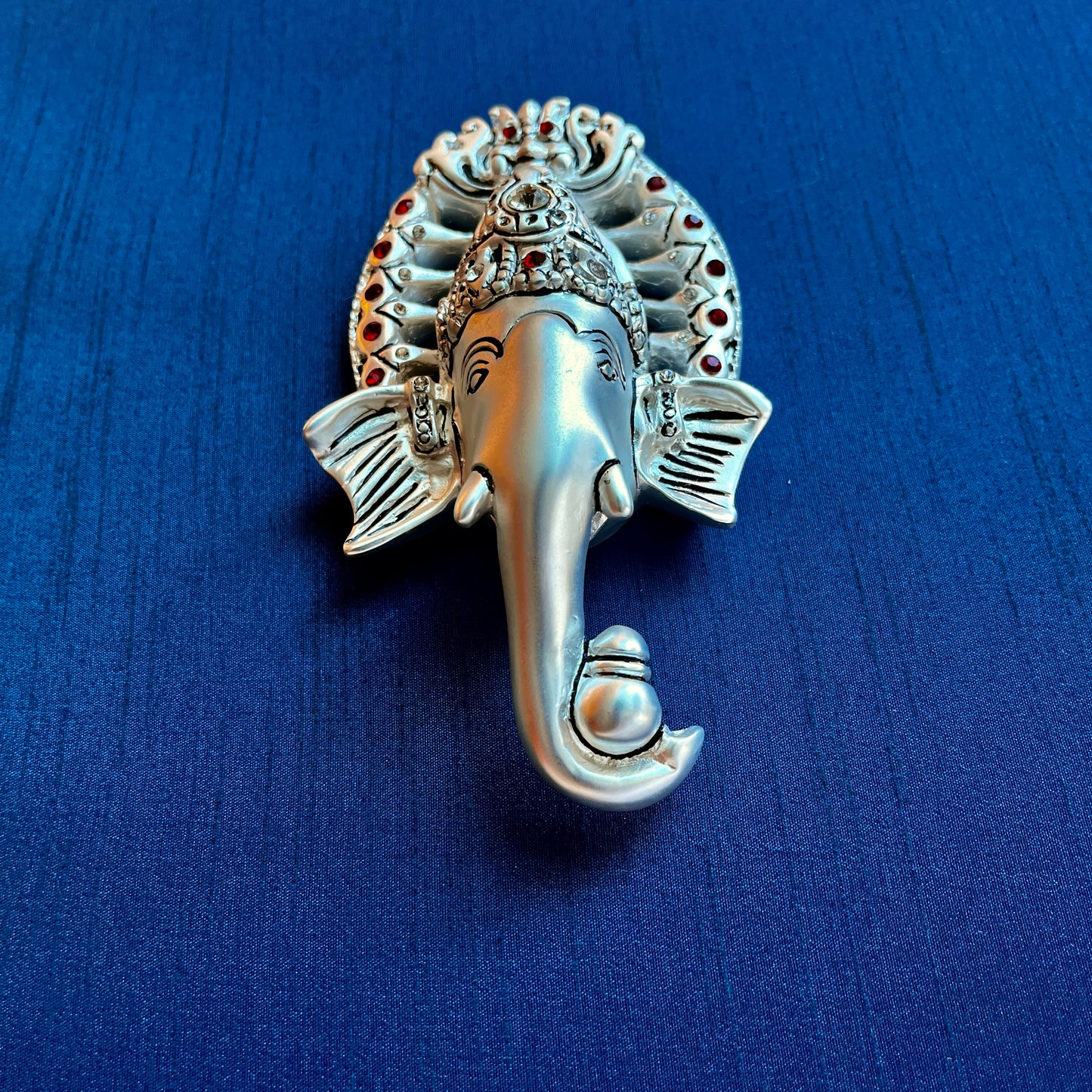 Sacred Ratna Kalash Ganesha on Blue Silk With Silver Frame