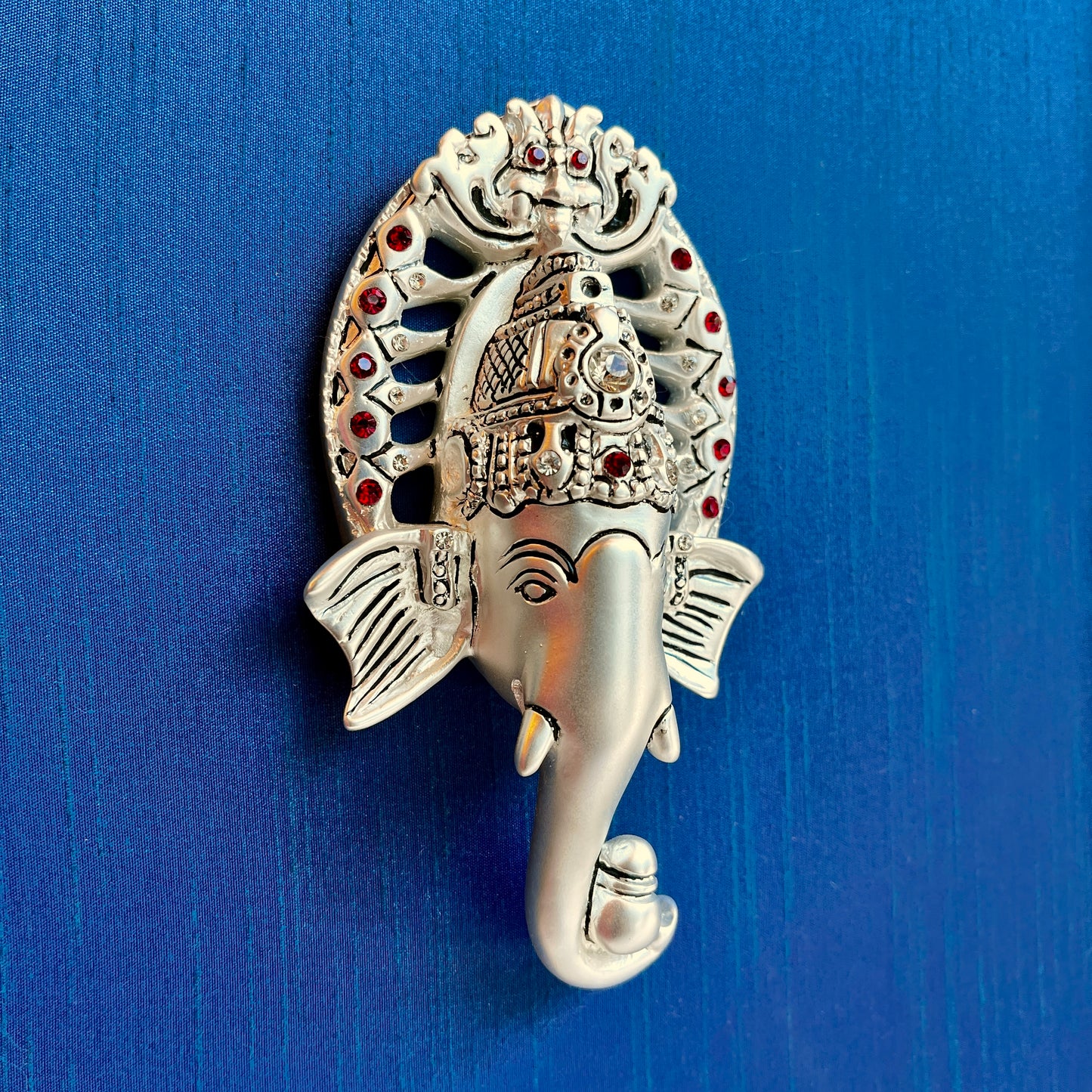 Sacred Ratna Kalash Ganesha on Blue Silk With Silver Frame