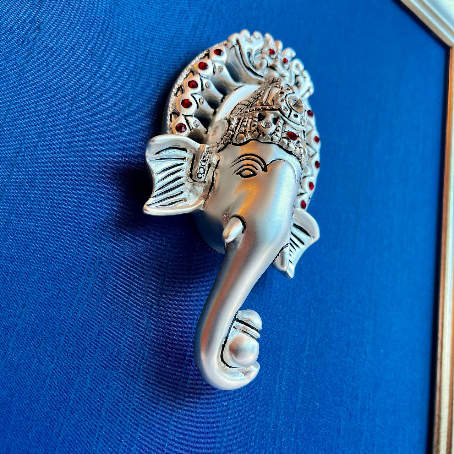 Sacred Ratna Kalash Ganesha on Blue Silk With Silver Frame