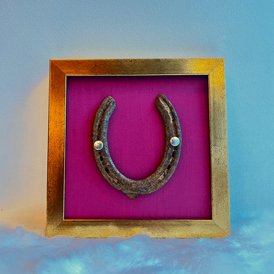 Good Luck Horse Shoe Raani Pink silk background with Gold Frame