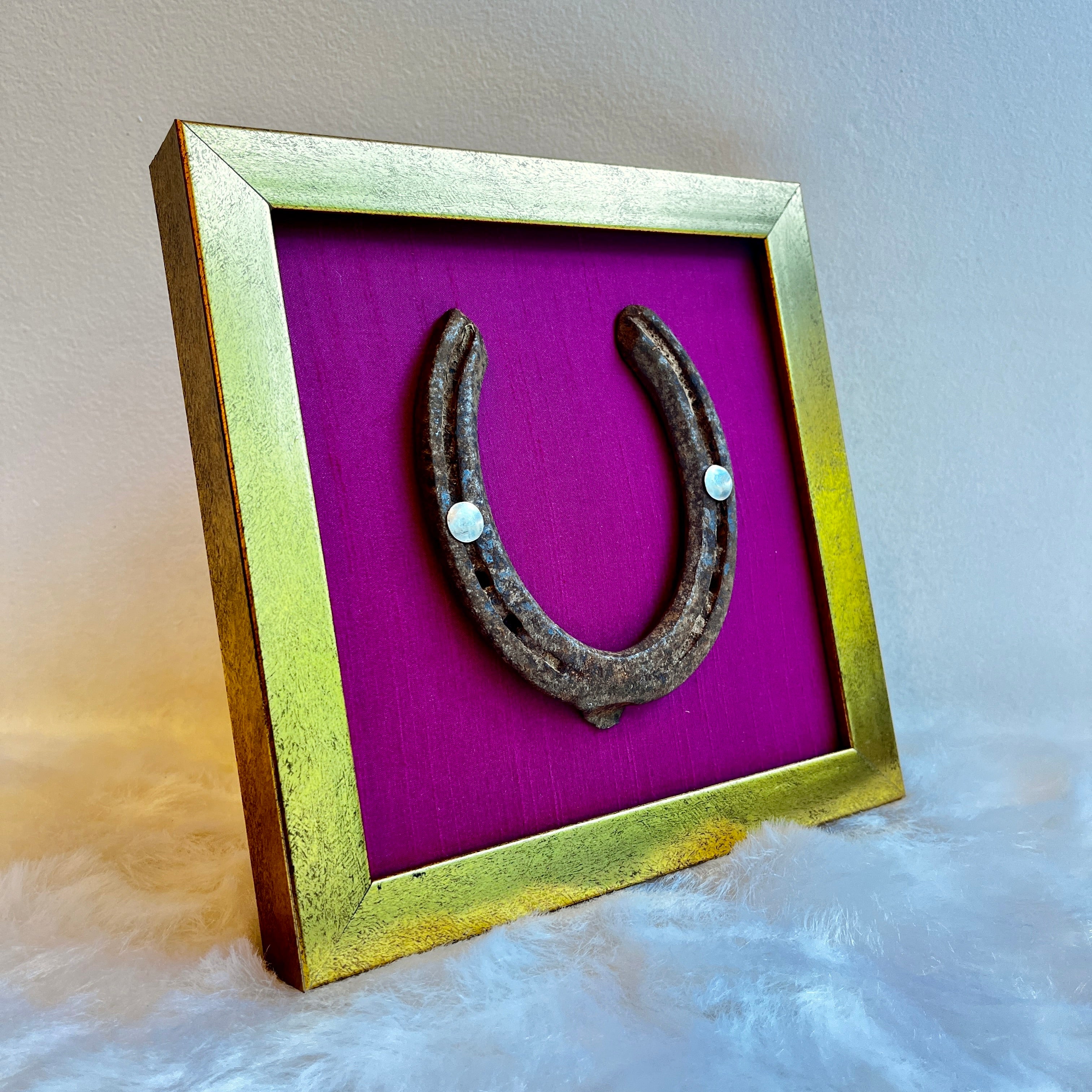 Good Luck Horse Shoe Raani Pink silk background with Gold Frame