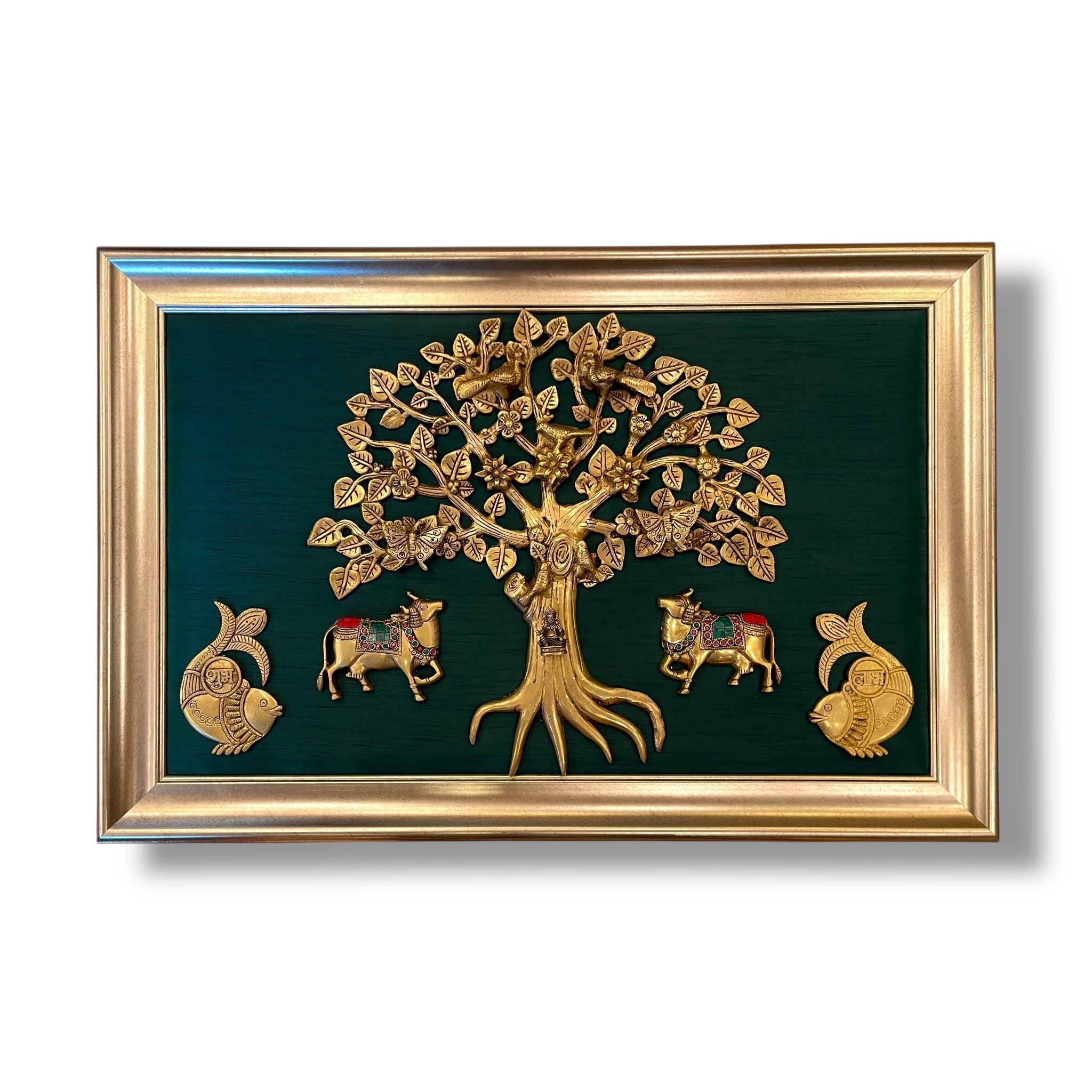 Brass Kalpavriksha Tree with 2 Cows & Shubh Labh and Kuber with Rama Green Silk in Moulded Frame