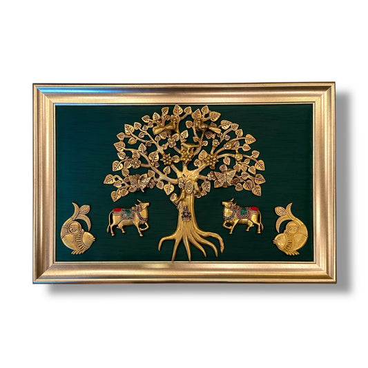 Brass Kalpavriksha Tree with 2 Cows & Shubh Labh with Rama Green Silk in Moulded Frame
