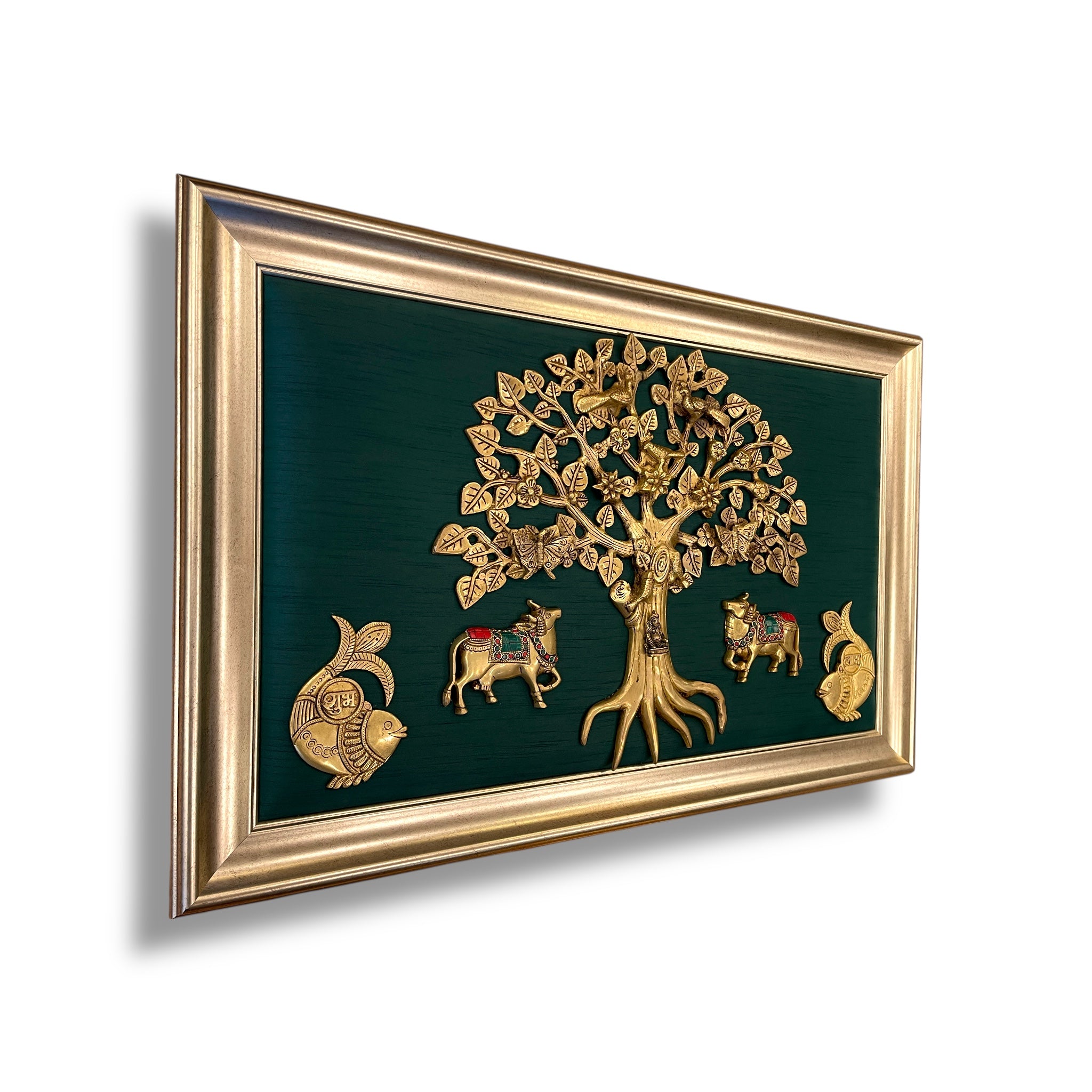 Brass Kalpavriksha Tree with 2 Cows & Shubh Labh and Kuber with Rama Green Silk in Moulded Frame