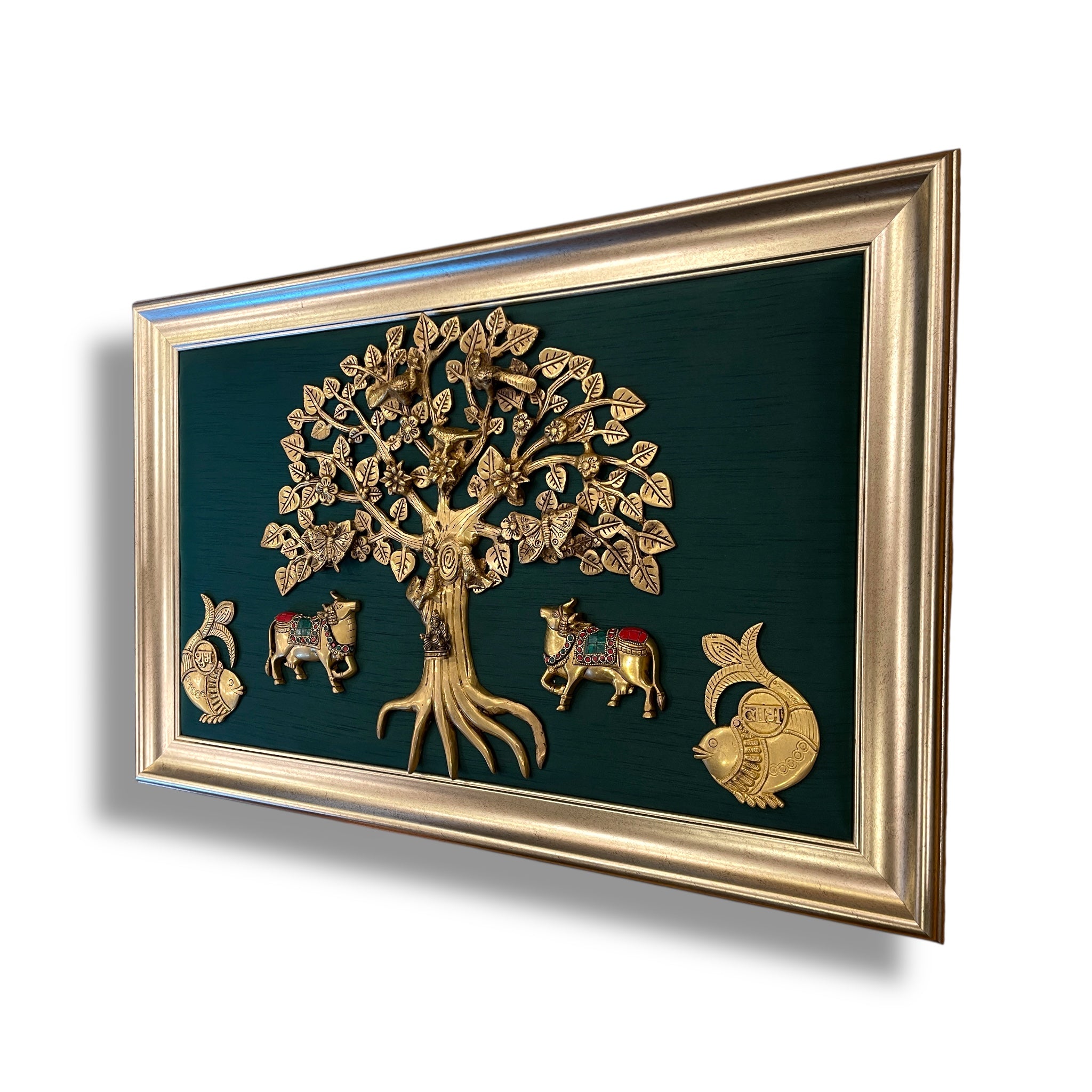 Brass Kalpavriksha Tree with 2 Cows & Shubh Labh and Kuber with Rama Green Silk in Moulded Frame