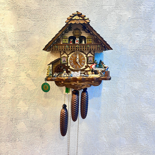 Musical German Cuckoo Clock With Sawing Men And Water Wheel
